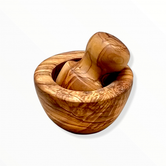 mortier rond et son pilon en bois d'olivier-mehress-omrane-épices-écrase-ail